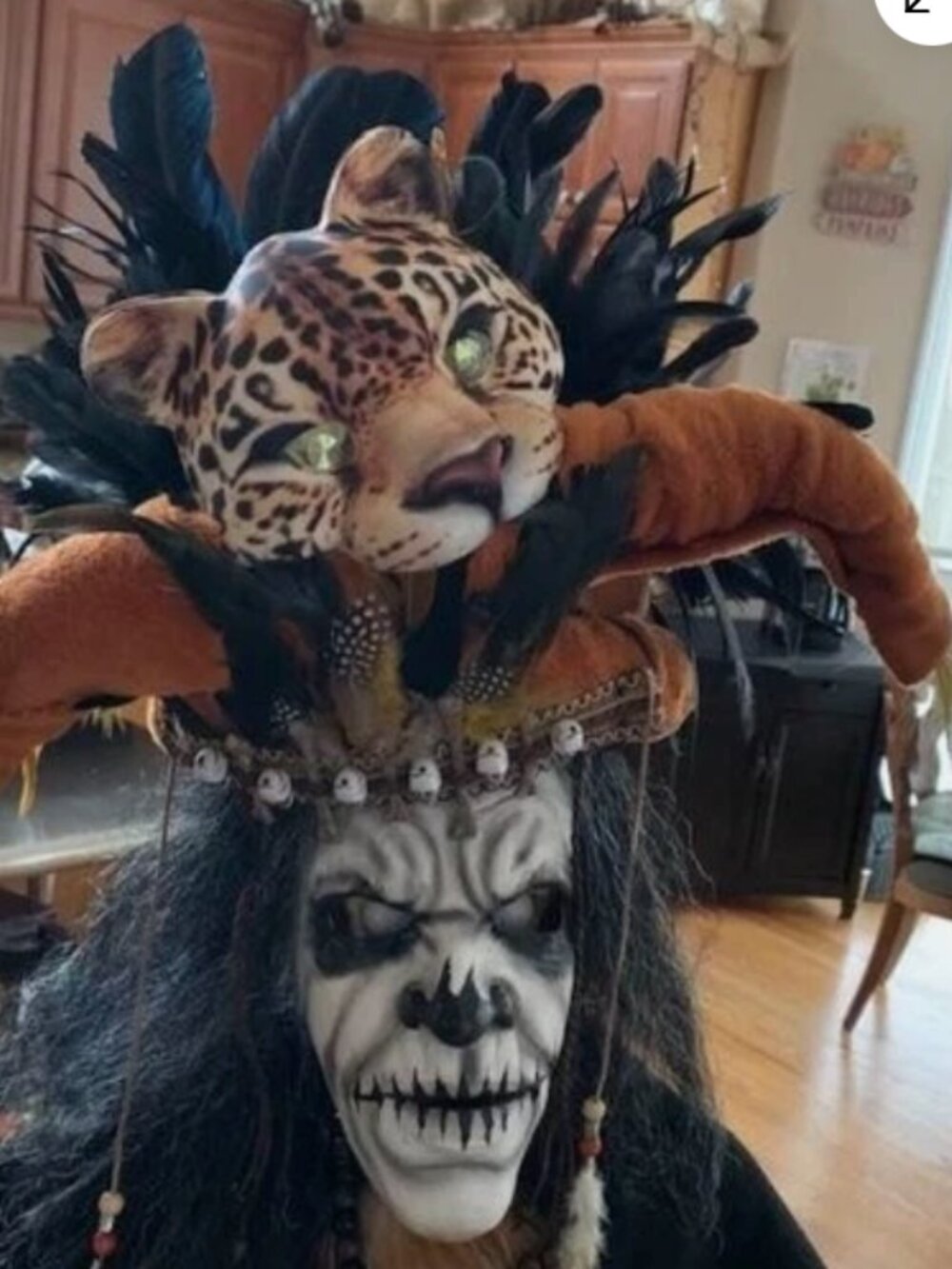 Beetlejuice -Witch Doctor Headpiece, mask, necklace, glass potion bottle +